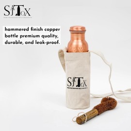 SAJTOX 32oz Hammered Large Pure Clear Copper Water Bottle Leak Proof Travel Big Size Water Bottles for Drinking Water & Ayurvedic Health benefits With Canvas Bag & Bottle Cleaner Brush