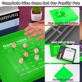 AUSIIBTO Dice Tray and Storage Case for Farkle Game - Includes Embedded Scoring Combinations, 4 Sets of 6 Pearl Dice, 50 Sheet Score Pad and Pen Holder for The Classic Family Game - Green and Grey