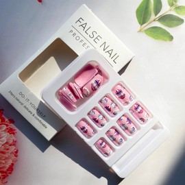 Easter Press on Nails Pink Fake Nails Short False Nails Square Shape Acrylic Nails Cute Egg Design Full Cover Glossy Artificial Fake Nails Easter Stick on Nails for Women Girls Nail Decoration 24pcs