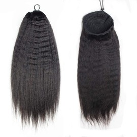 Natural Black Kinky Straight Real Human Hair Ponytail Extension Hair Piece for Black Women Afro Puff Clip in Drawstring Pony Tail Hair Extensions Pieces (20 inch 100g, kinky straight ponytail)