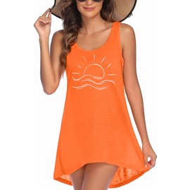 MYHALF Beach Cover Ups for Women Sleeveless Graphic Swimsuit Coverup Summer Bathing Suit Bikini Swimwear Shirt Dress Orange