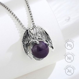 Vito Amethyst Dragon Necklace for Women Men, Copper Silver Plating Crystal Amethyst Ball Dragon Pendant Lucky Energy Protection Amulet Jewelry Gift for Daughter Son, 22"+24"