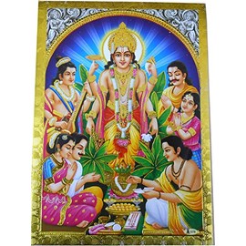Crafts of India Satyanarayan Poster/Reprint Hindu God Picture with Golden Foil (Unframed : Size 5"X7" inches)