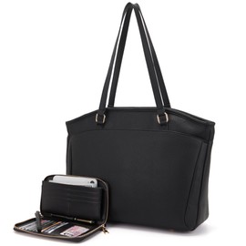 YZAOLL 15.6 Inch Laptop Tote Bag for Women,Water-resistant Vegan Leather with Anti-Scratch Padded Sleeve,Lightweight Multi-Pocket Work Bag for Business Travel,College,Office Essentials,Black