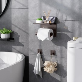 Tindbea Toilet Paper Holder with Phone Shelf + Towel Robe Hooks, Adhesive or Screw Wall Mounted Toilet Paper Roll Storage Dispenser, Stainless Steel Bathroom Tissue Roll Holder (Bronze)