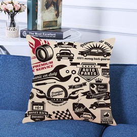 Ofocam Throw Pillow Cover Race Vintage Collection of Car Related Signs and Symbols with Various Design Ribbons and Emblems Mechanic Square Decorative Throw Pillow Cushion Case for Home 18 x 18 Inch
