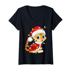 Womens Tiger Christmas Lights Santa Costume Cute Animal Xmas V-Neck T-Shirt