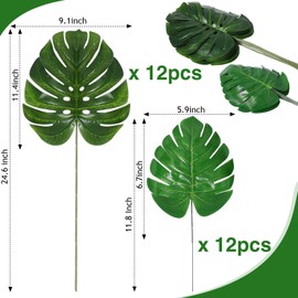Zeyune 24 Pcs Artificial Palm Leaves with Stems Faux Turtle Leaf UV Resistant Tropical Plants Green Large Fake Dried Monstera Leaf Faux Palm Fronds for Outdoor Kitchen Indoor Wedding