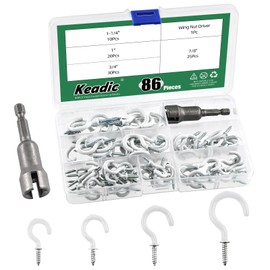 Keadic 86 Stück Weiß Vinyl Beschichtete Deckenhaken Schraub-in Cup Haken Kit, Hanger Hooks,Heavy Duty Schraube Wandhaken mit Flügelmuttertreiber für Indoor Outdoor Hängen-1", 1-1/4", 3/4", 7/8"