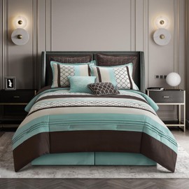 Grand Avenue Aqua Brown Queen Comforter Set - 8 Piece Jacquard Bedding with Sheets, Ultra-Soft Embroidered Bedding & Striped Pillow Shams