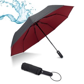 PUREVACY Windproof Travel Umbrella. Red Black Double-Layered Teflon Coated Umbrellas for Rain Windproof. Light Automatic Windproof Umbrella with Foldable Fiberglass Spokes, Rubber Handle, Steel Shaft