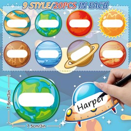 JarThenaAMCS 180Pcs Outer Space Name Tags Cartoon Planet UFO Shape Nameplate Stickers 9 Designs Assorted Self-Adhesive Label Decals for School Classroom Bulletin Board Decor