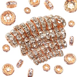 Toaob 400 Pieces Rondelle Rhinestone Spacer Beads Rose Gold 4 mm to 10 mm Metal Crystal Rhinestones Spacer Beads for Jewellery Making