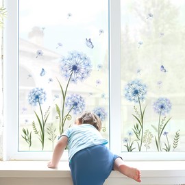 Tanlaby Blue Dandelion Flower Window Clings Dandelion Plants Grass Butterfly Window Decals Double-Sided Static Anti-Collision Summer Autumn Window Stickers for Windows Glass Doors Decoration
