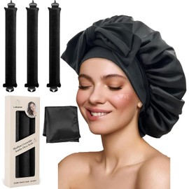 Tubos para Cabello Sin Calor: Kit de 3 Piezas con Gorro de Satín para Dormir, Bufanda de Seda Suave y Rizadores Sin Daño - Rizos Naturales, Ondas Sin Calor, Regalo para Mujeres (Negro)