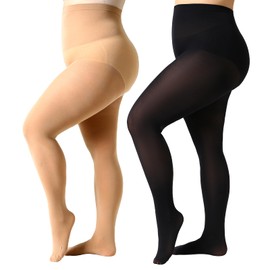 MANZI Plus Size Tights for Women 70D Queen Size Tights(Pack of 2)(1 Pair Black，1 Pair Suntan，X-Large