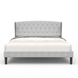 Full Size Bed Frame Upholstered Traditional Low Profile Platform with Tufted Wing Back Headboard/No Box Spring Needed/No Bed Skirt Needed/Linen Fabric Upholstery/Light Grey (Full Size)