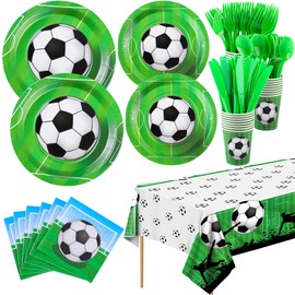 ADXCO 169 Pieces Soccer Theme Party Supplies Set Disposable Party Tableware Soccer Party Pack Including Paper Plates, Cups, Napkins, Forks, Spoons, Knives for Birthday Sports Event, Serves 24 Guests