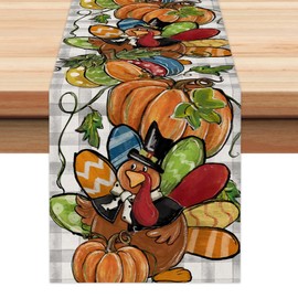 ARKENY Fall Thanksgiving Turkey Table Runner 13x72 Inches, Pumpkin Buffalo Plaid Holiday Indoor Outdoor Table Decoration for Home