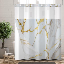 Ttincceer No Hooks Shower Curtain with Snap in Fabric Liner White Gold Marble Hookless Shower Curtain Waterproof Double Layer Modern Bathroom Curtain with See Through Top Window 180 x 188 cm