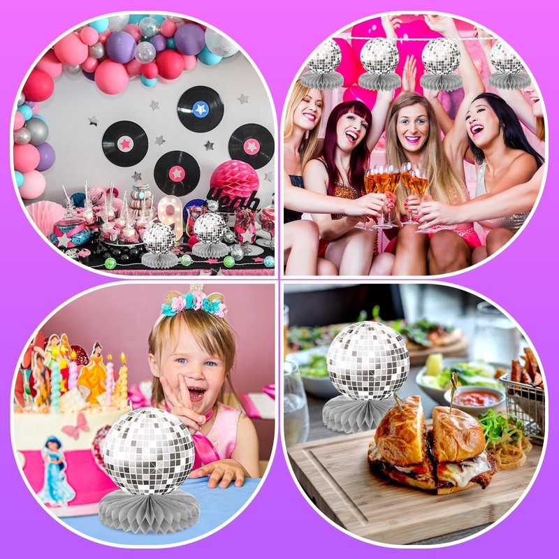 WUIOWPPIC 6 Pcs Silver Disco Theme Party Honeycomb Centerpieces