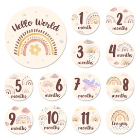 Baby Wooden Milestone Circles Set - 12 Double Sided Monthly Discs with Rainbow & Hello World Design | Newborn Photo Prop | Birth Announcement Board | Baby Boy Girl Gift (1-12 Months) for Mom Baby