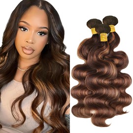 ZCMYVINND Chocolate Body Wave Bundles 12 14 16 Inch Ombre P430 Highlight Chocolate Brown and Light Brown Human Hair Bundles Double Weft Brazilian Human Hair Extensions for No Shedding No Tangles