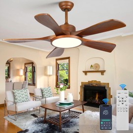 LINJO 52 Inch Wood Ceiling Fan with Lights and Remote Control 5 Solid Wooden Blades Modern Farmhouse Outdoor Ceiling Fan for Patios Living Room FCC Reversible DC Motor