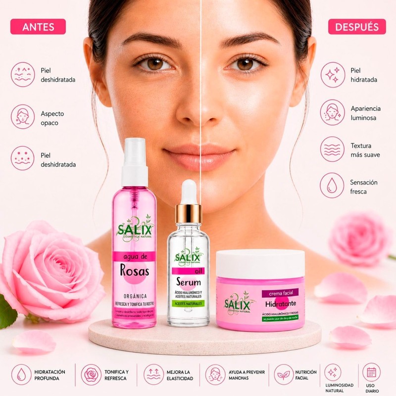 Salix Kit Hidratante Skincare con Crema Rosas Serum Oil y