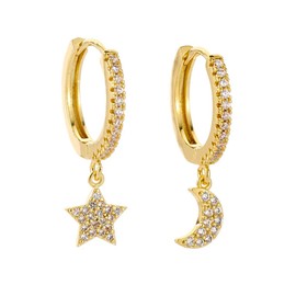 Moon Star Earrings Set for Women, Gold/Silver Cartilage Huggie Hoop Earrings with Zirconia, Multiple Piercings Hoop Earrings, Hoop Earrings, Hanging Earrings for Women, Copper