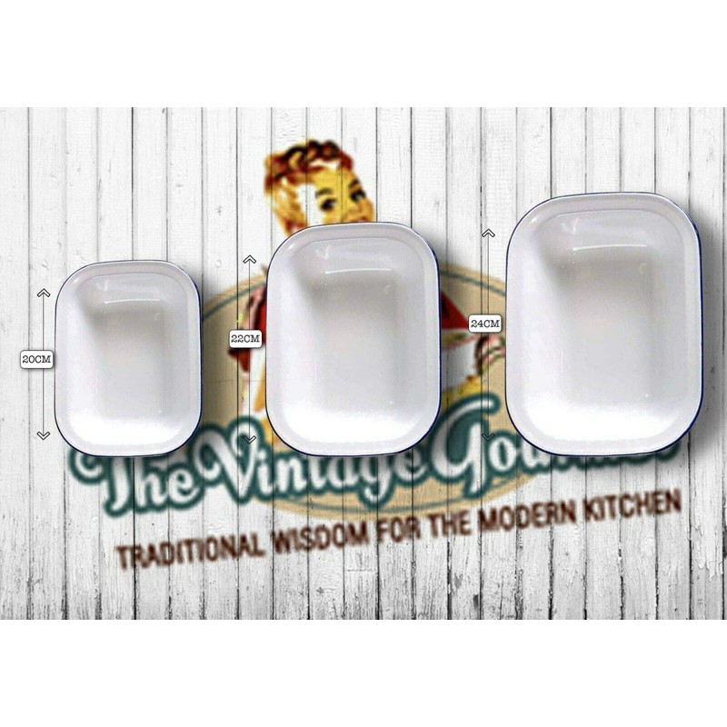 Vintage Gourmet ® Premium White Enamelware with Blue Rim, Oblong,