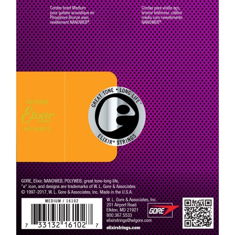Elixir Phosphor Bronze Nanoweb 16102 Medium 13-56 Acoustic Guitar Strings