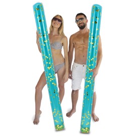 POZA 2 Pack Jumbo Inflatable Pool Noodle Floats - 74-inch Premium Luxurious Giant Pool Noodle Inflatable Floats, Sparkle Blue Gold Glitter Confetti Pool Float Inflatable Noodles for Ocean, Lake, Beach