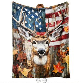American Flag Deer Flannel Throw Blanket, 50″×60″ Ultra-Soft Flannel Patriotic USA Flag Deer Design for Couch, Bed & Outdoor – Hunting Lodge Decor & Gift