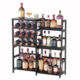VASMIA Versatile Liquor Stand for Home Bar,Wine Rack Freestanding Floor,Mini Bar Table with Bamboo Trapezoidal Liquor Bottle Display Shelf Cabinet Bar for Living Room, Black