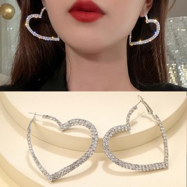 Wendalern Silver Crystal Heart Hoop Earrings Diamond Cubic Zirconia Heart Dangle Earrings Sparkling Rhinestone Heart Shaped Hoop Earrings Large Heart Drop Earrings Party Prom Jewellery for Women,