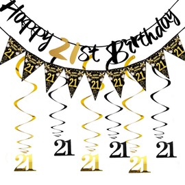 Melhope 21st Birthday Party Decorations Black Gold Happy Birthday Bunting Banner Triangle Flags with 6pcs Hanging Swirls Streamers for Him Her Party Decor Supplies
