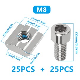 Pack of 50 T-Slot Nuts M8, 25 T-Slot Rail M8 Type B, 25 Screws Series 3030 Sliding Nuts, Carbon Steel for Aluminium Rail B Aluminium Profile Extrusion Slot Standard 30 Series