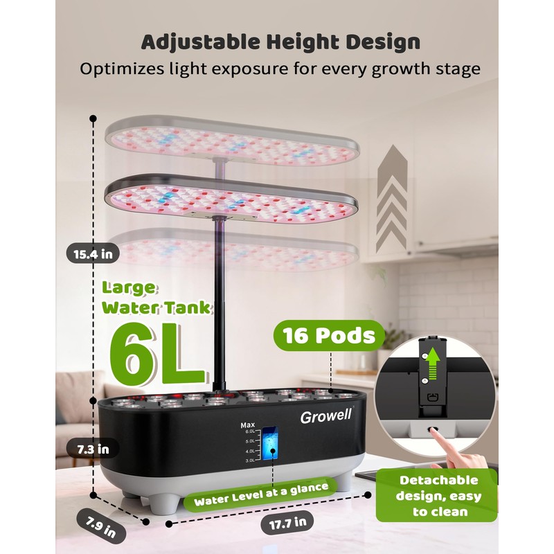 Growell Hydroponics Growing System Kit, 16 Pods, Vertical 8L Indoor