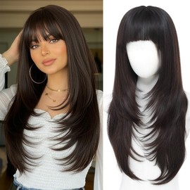 Brown Wig with Bangs for Women Long Wavy Dark Brown Wigs 4x4 Realistic Scalp,26 Inch Layered Brown Hair Wigs Heat Resistant Synthetic Wigs