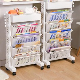 Naroote Movable Bookshelf Large Capacity Rotatable Removable Plastic Practical Rolling Organization Shelf Mobile Bookshelf with Wheels Rolling File Cart (6 Layer)