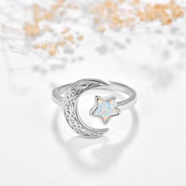 KINGWHYTE Celtic Knot Ring 925 Sterling Silver Moon and Star Ring for Women Celtic Adjustable Rings Jewellery Gift for Girls Mum Grandmother Girlfriend, Sterling Silver, Opal