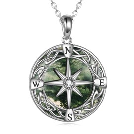 ONEFINITY Compass Necklace Sterling Silver Celtic Knot Moss Agate Necklace Graduation Friendship Talisman Travel Necklace Inspirational Graduation Gift Jewelry Gifts For Women