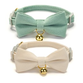 Ewinoom 2 Pack Soft Corduroy Cat Collars with Bow Tie & Bell, Adjustable Breakaway Cotton Kitty Bowtie Collar for Female Male Cats(White & Grass Green)