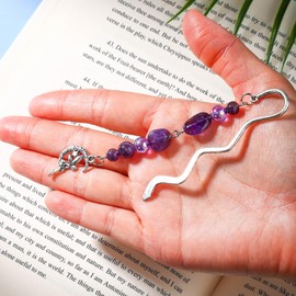 Vintage Metal Bookmark Pendant with Natural Crystal Bead Chain – Elegant Book Marks for Women, Men, Book Lovers, Teachers, and Students(Amethyst)