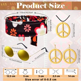 Haull 7 Pcs 60s 70s Outfits for Women Hippie Costume Set Boho Flared Pants Fringe Vest Peace Sign Accessories Set (Flower,X-Large)