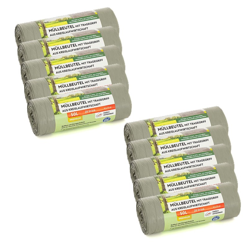 Bin Liners with Carry Handle, Grey, 95% Recycled Material (Grey