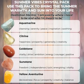 Summer Vibes Crystals - UK Designed 5 Stone Premium Selection for Cleansing, Prosperity, Courage, Luck, Focus Comes with Gift Pouch, Wellness Guide & Info Booklet