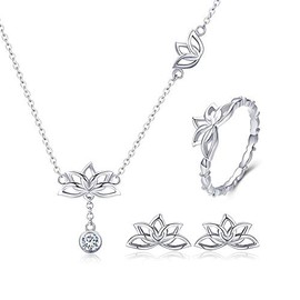 Elegant 925 Sterling Silver Lotus Flower Earrings & Necklaces Pendant jewellery Sets for Women Silver jewellery Gift