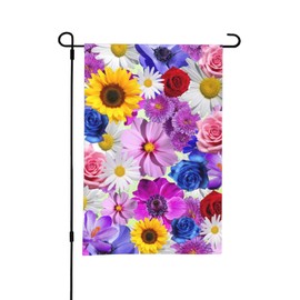 Garden Flag Flowers Pattern Yellow Sunflower Red and Blue Rose Floral White Daisy Purple Flower Polyester Double Sided Banner Outdoor Outside Yard Flag Decoration 12"(W) X 18"(H)